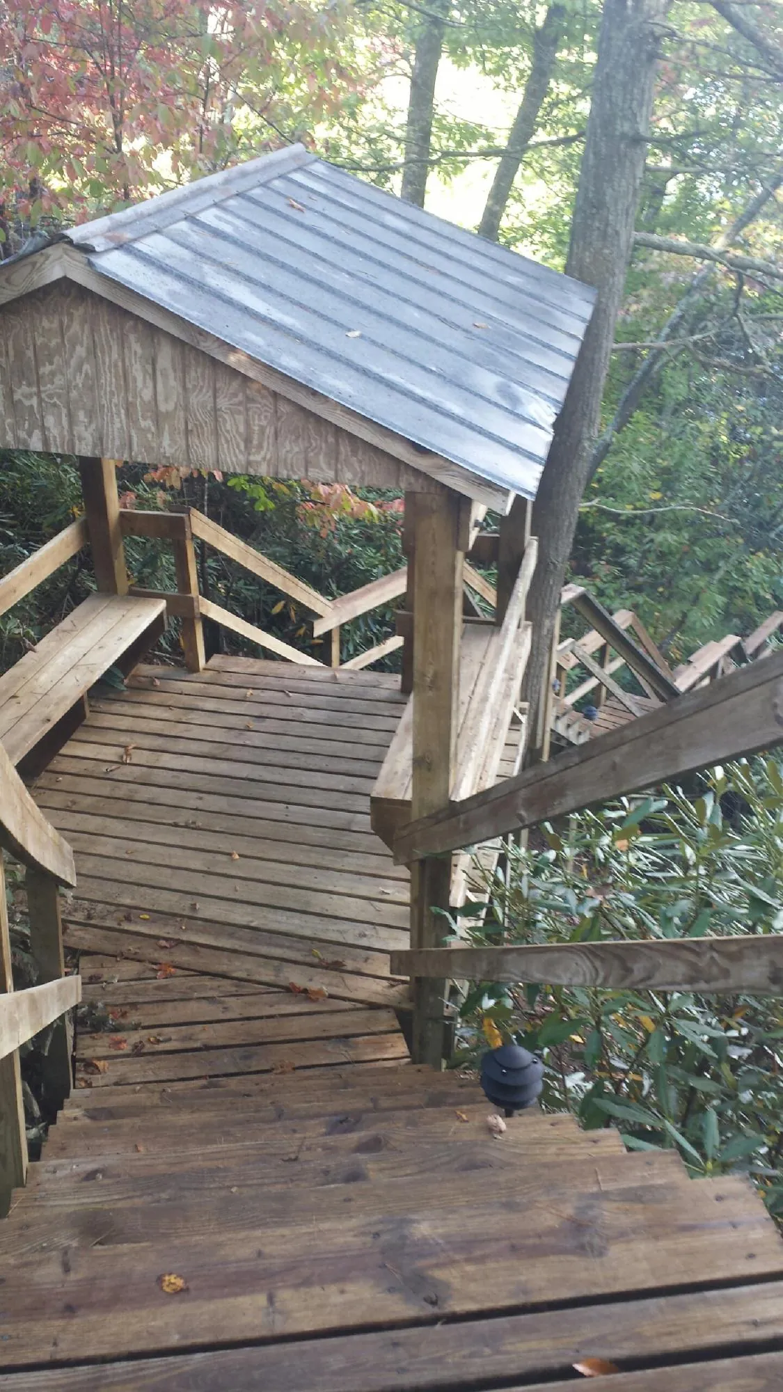 Metal roofed shelter over wooden steps on a wooded walkway — Skylight Repair & Installation work by our crew in Muldoon